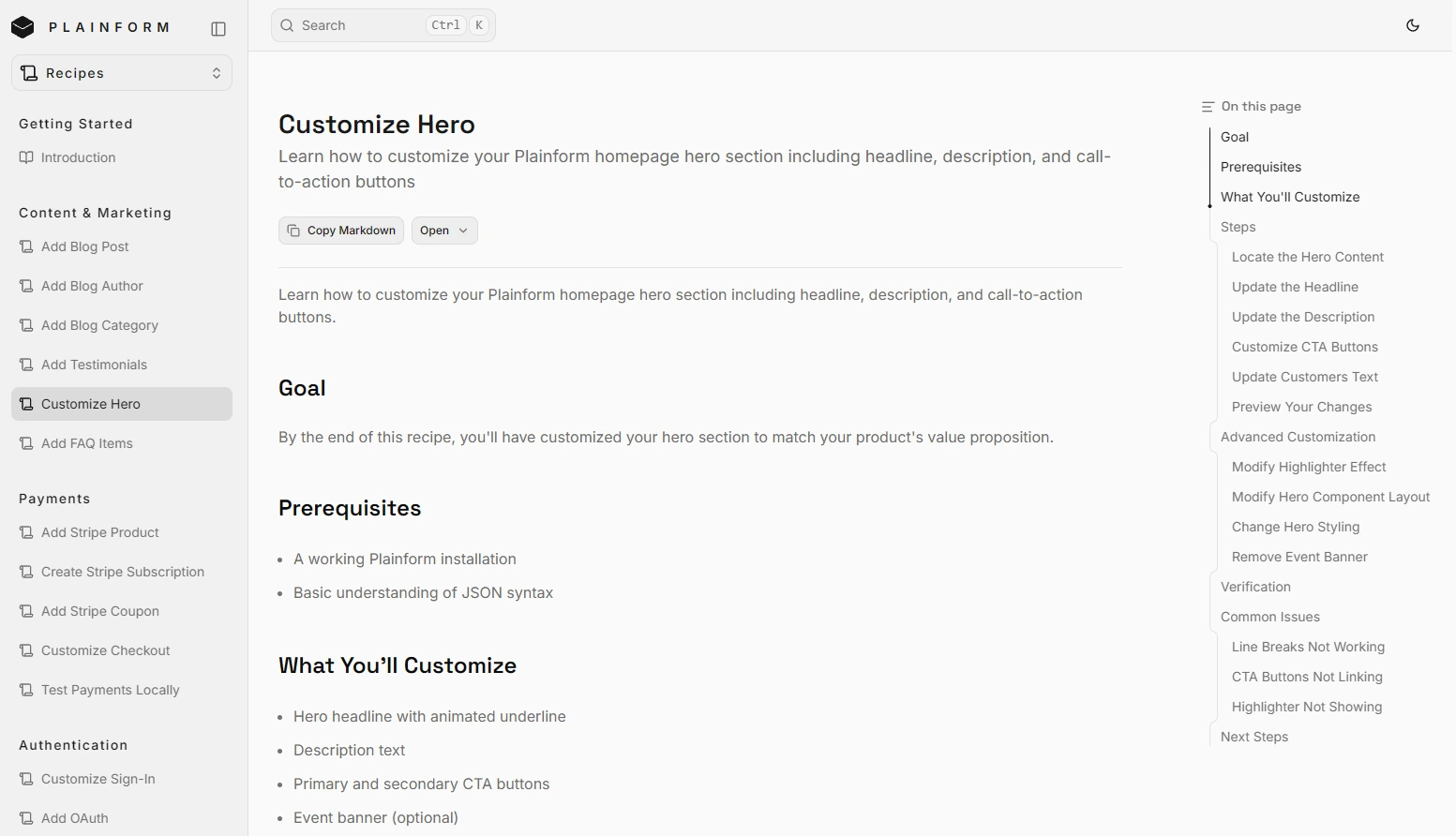 Plainform documentation with instructions and code examples for customizing the starter.
