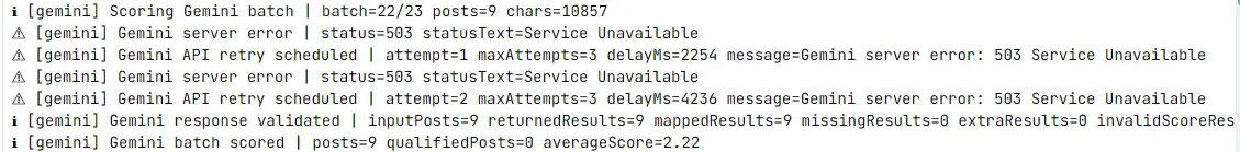 Gemini scoring logs show two 503 errors, retries after increasing delays, and a successfully validated and scored batch.