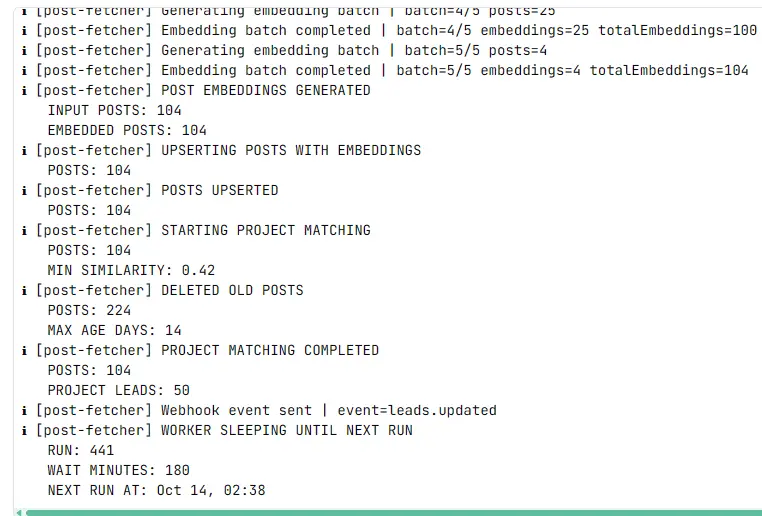 Worker run 441 completes embedding, storage, project matching and expired-post cleanup, sends a cache-update webhook, and schedules its next run after 180 minutes.