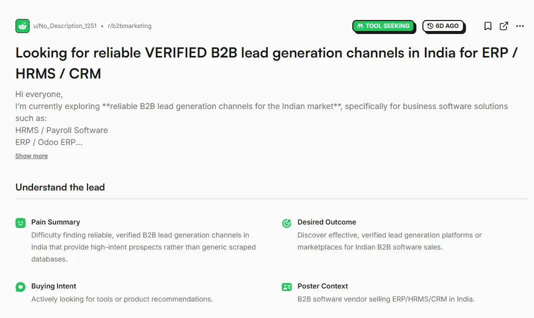 ReddMatch lead details showing the original Reddit discussion alongside its enriched context.