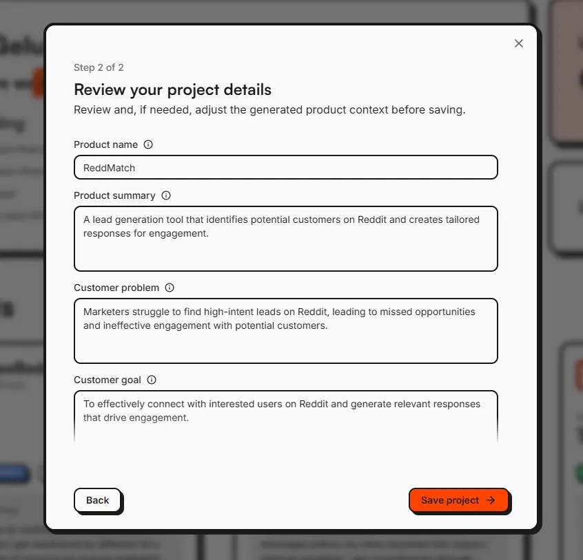 ReddMatch onboarding form with extracted product details available to review and edit.