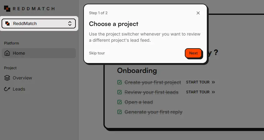 A guided tour highlights the ReddMatch project switcher and explains how to choose a project's lead feed.